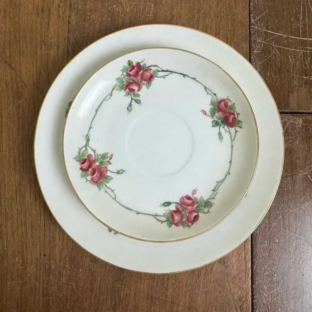 Antique Gotham Austria W.E.B. red rose transferware cup‎ saucer & cookie plate